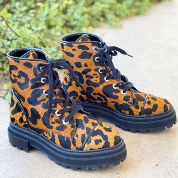 SCHUTZ Shoes - SCHUTZ Maylova Leopard Print Calf Hair Leather Lug Sole Boot, Size 8